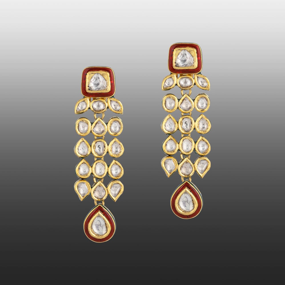 Cascading Polki Pendant with Red Enamel & Teardrop Polkis